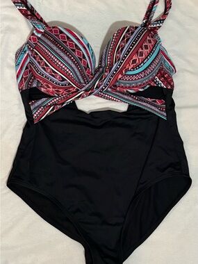 Swimsuits For All Black One-Piece with Pink and Teal Aztec Twist Bust